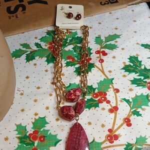 Red Gemstone Necklace With Earring
